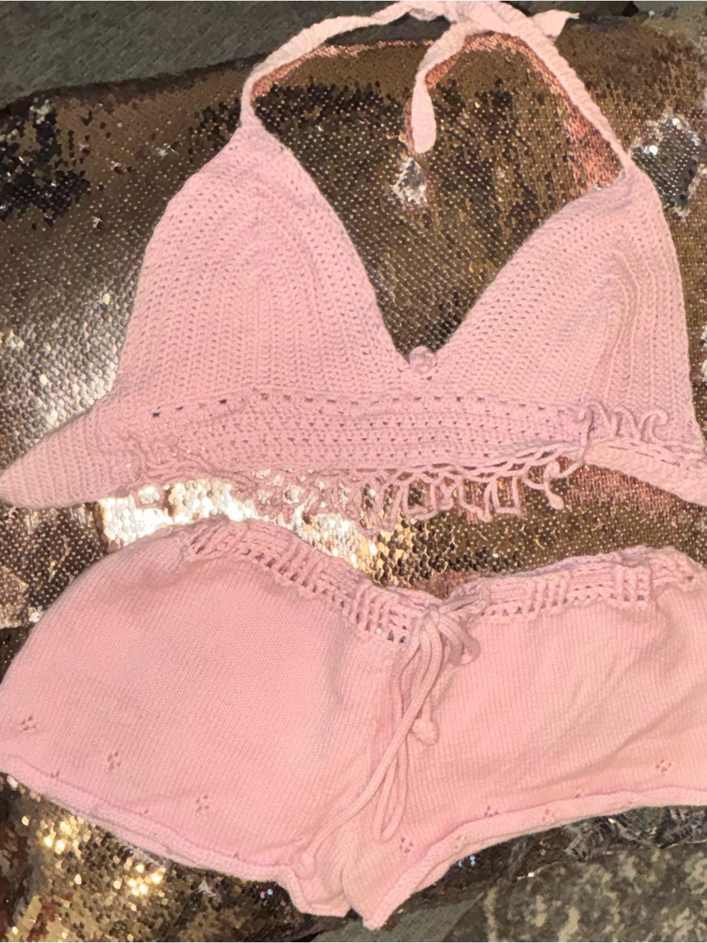 Crochet Halter Bralette & Short Set Baby Pink Festival Vibes Ready